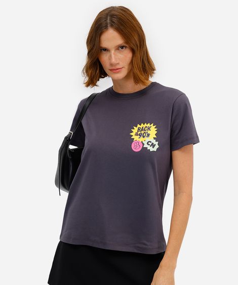 camiseta feminina de algodão estampada cinza