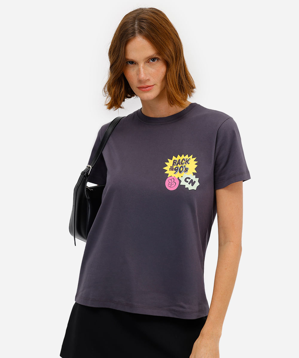 camiseta feminina de algodão estampada cinza