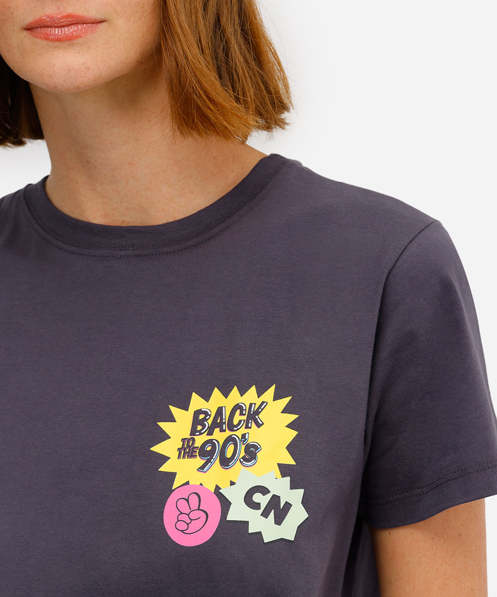 camiseta feminina de algodão estampada cinza