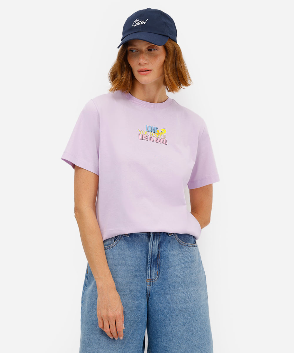 camiseta feminina de algodão piu piu e frajola lilás