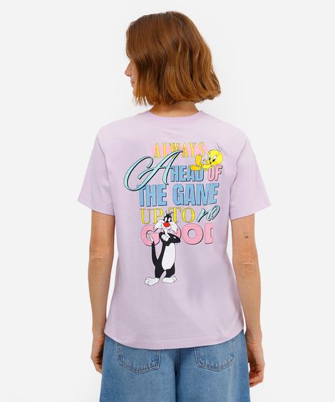 camiseta feminina de algodão piu piu e frajola lilás