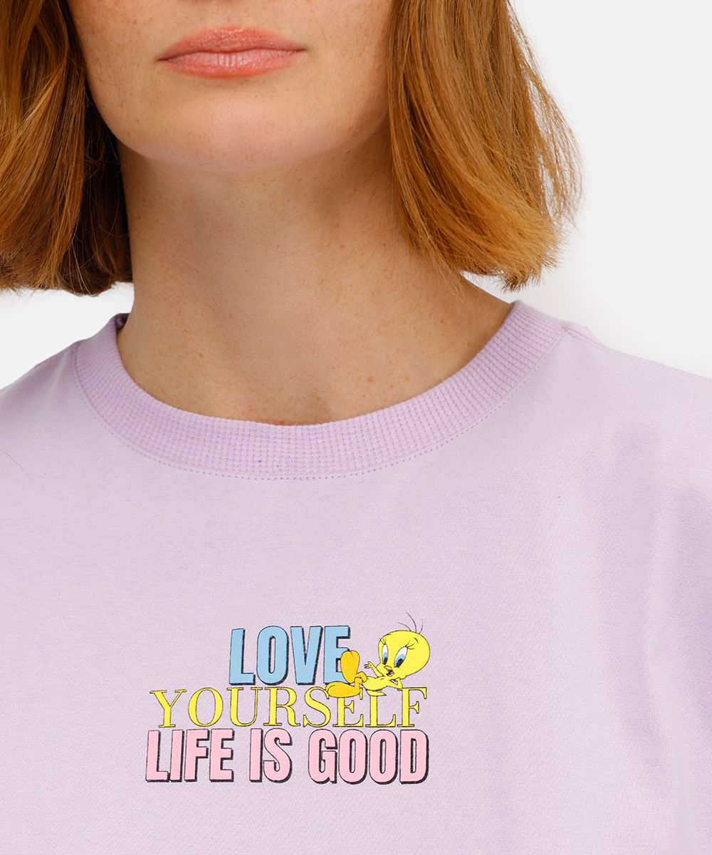 camiseta feminina de algodão piu piu e frajola lilás