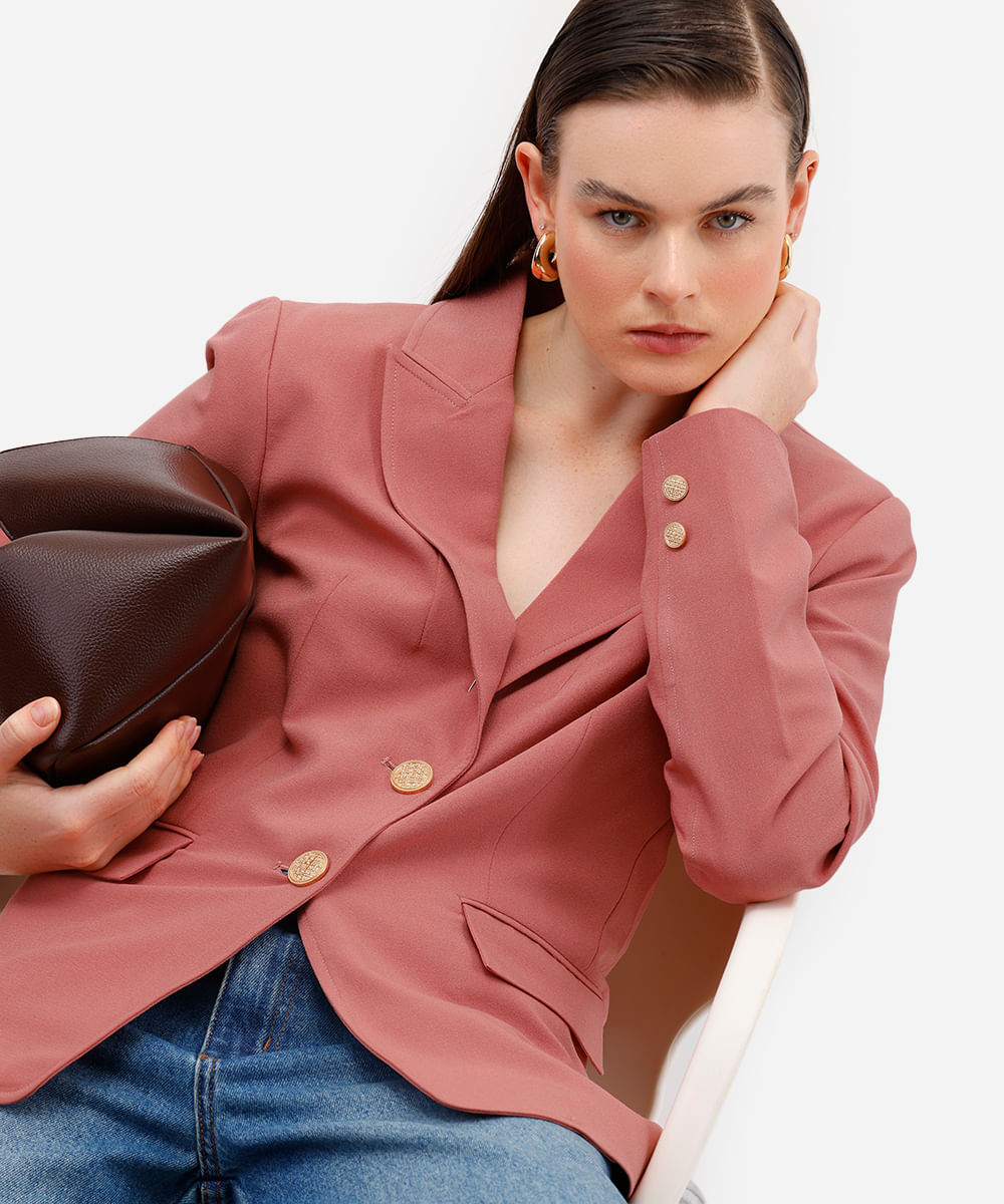 blazer de alfaiataria feminino acinturado texturizado - rosê