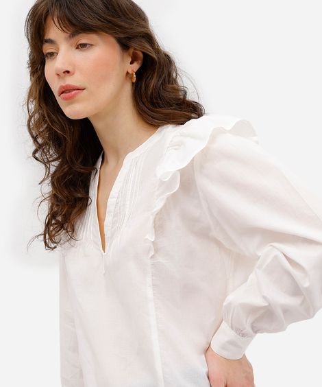 bata feminina de algodão com babados - off white