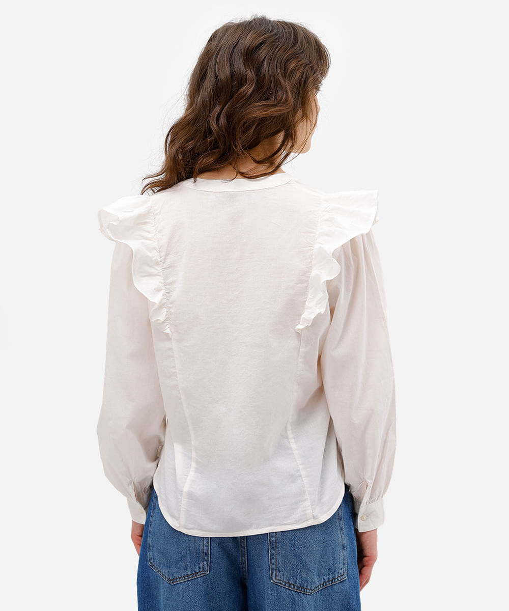 bata feminina de algodão com babados - off white