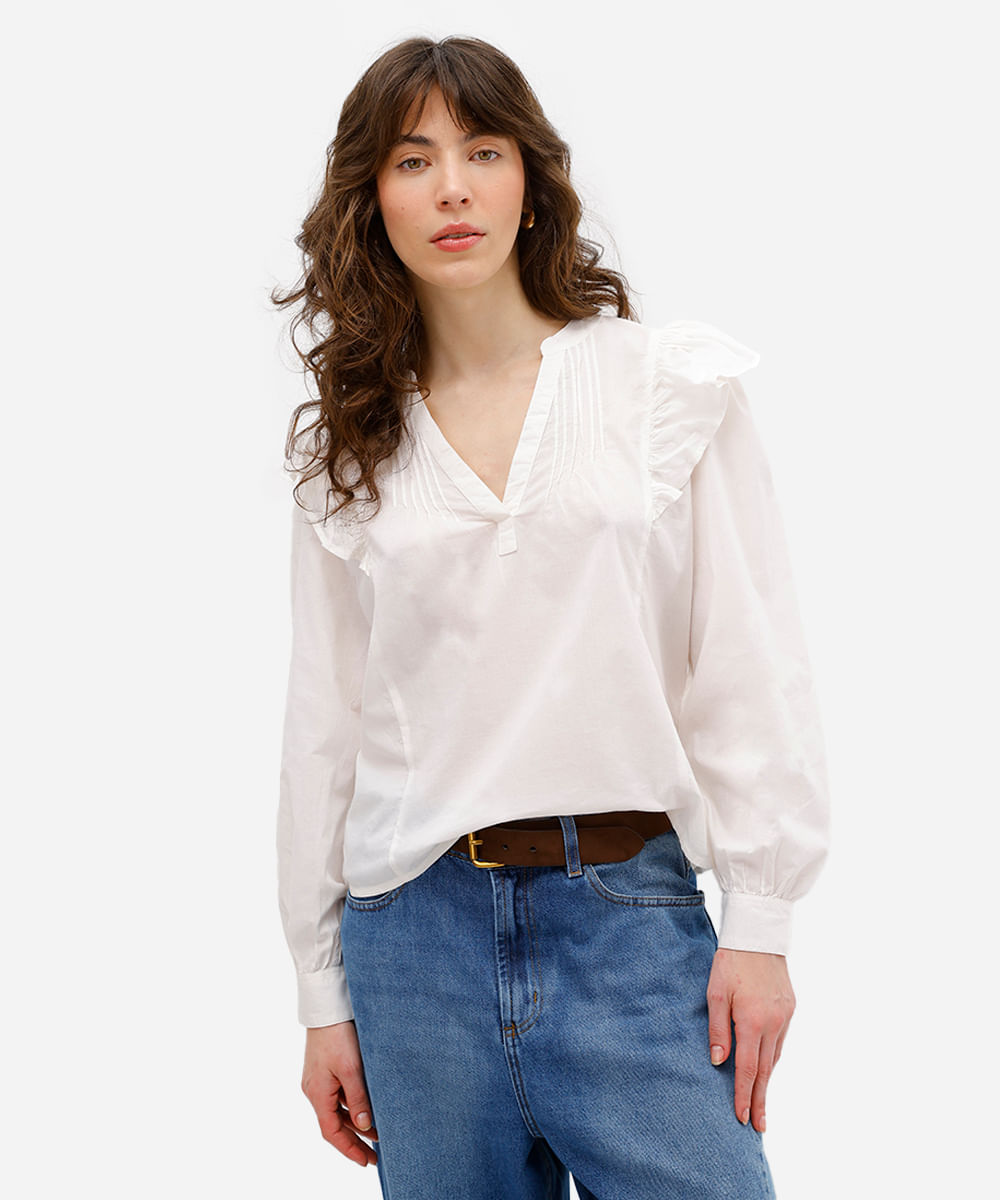 bata feminina de algodão com babados - off white