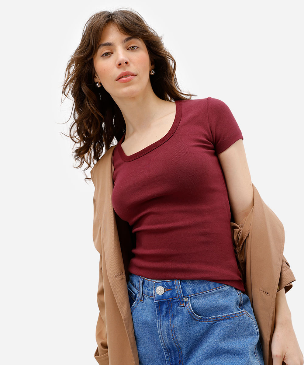 blusa baby look feminina básica de algodão vinho