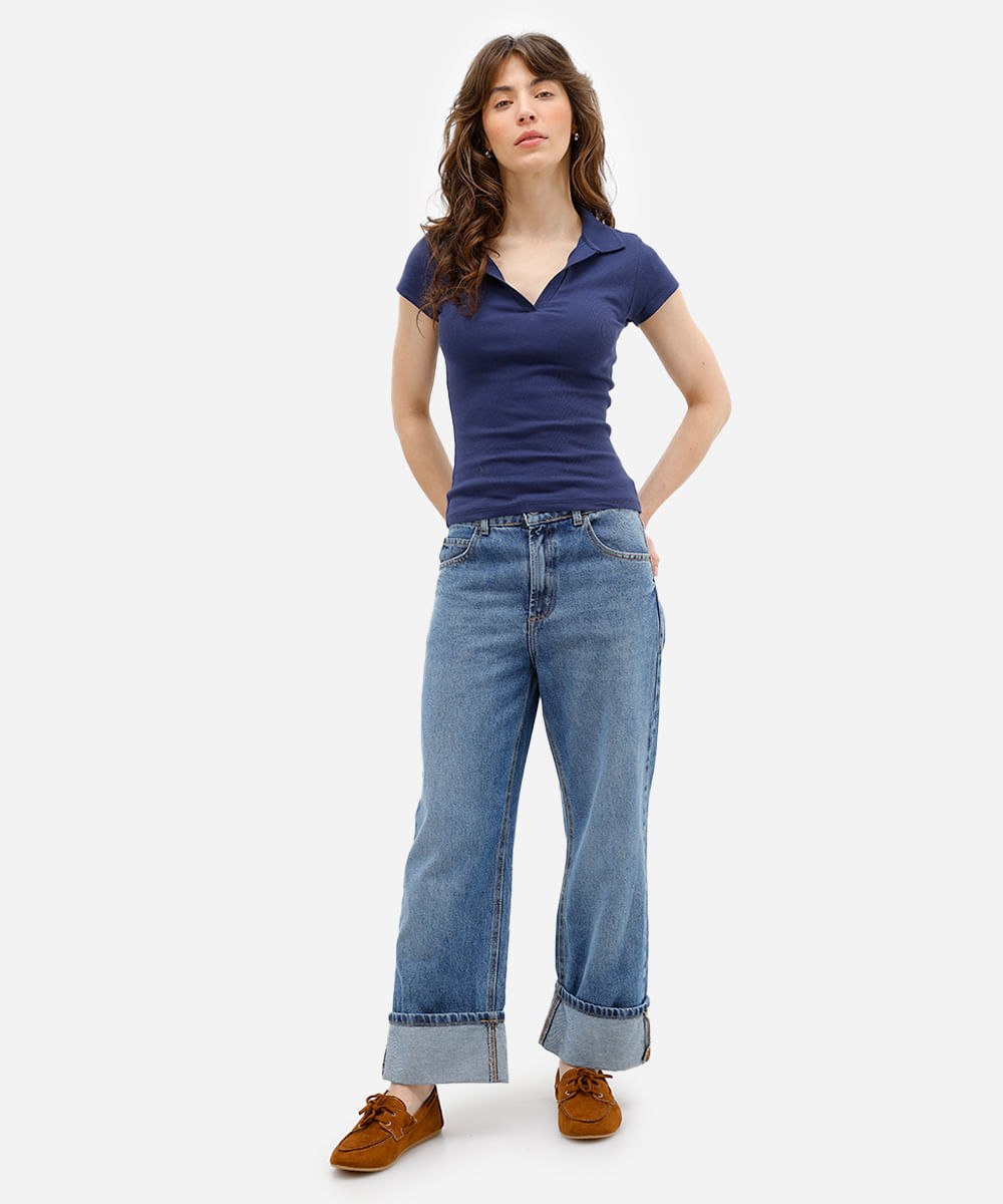 polo feminina de algodão canelada azul