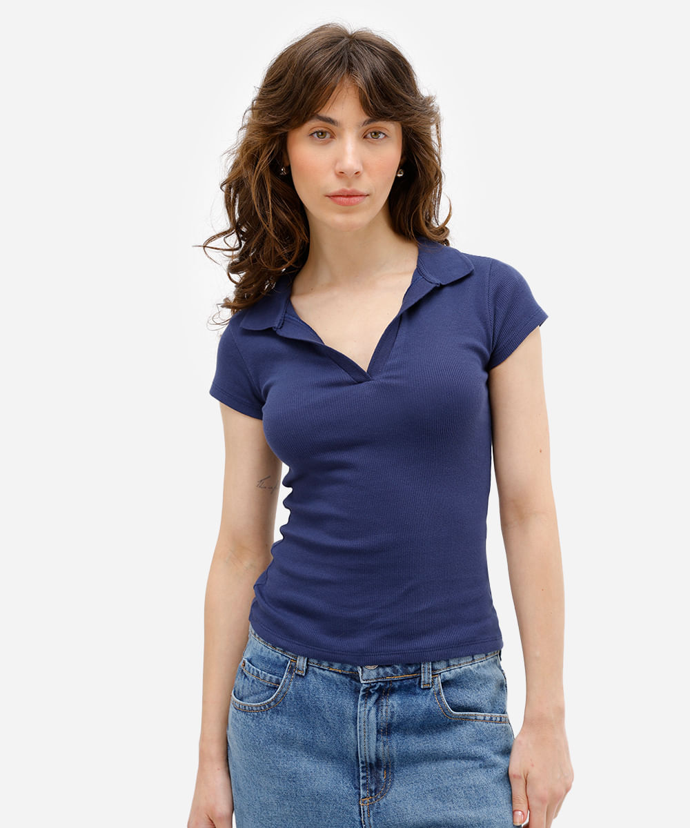 polo feminina de algodão canelada azul