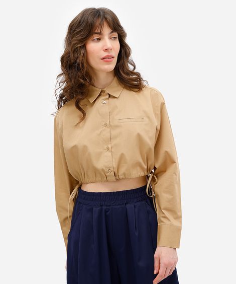 camisa cropped feminina de algodão com amarração bege