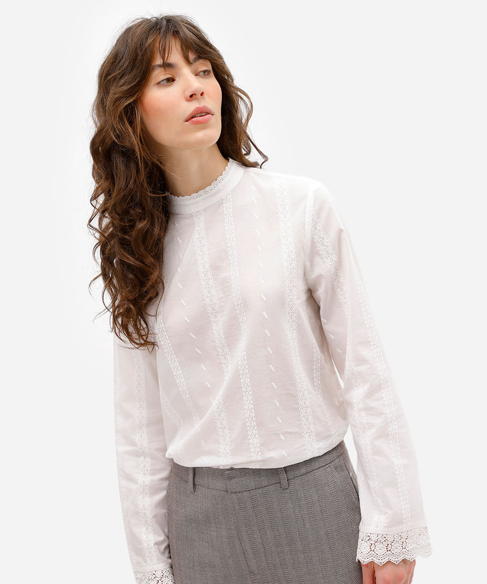 blusa feminina de algodão bordada com renda off white
