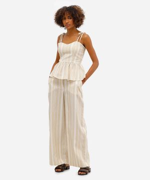 calça pantalona feminina com linho listrada off white