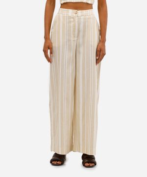 calça pantalona feminina com linho listrada off white