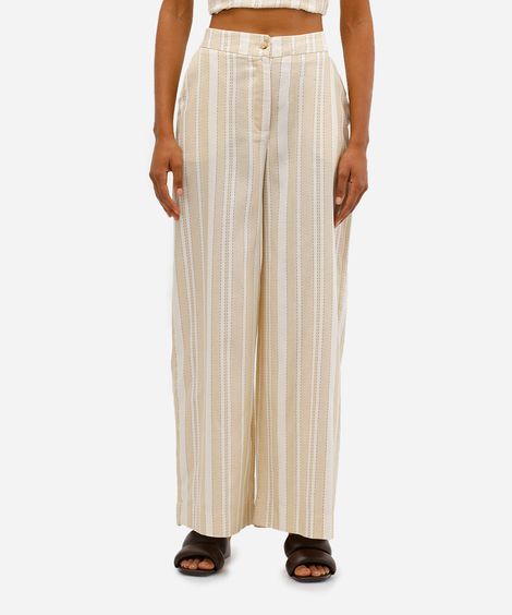 calça pantalona feminina com linho listrada off white