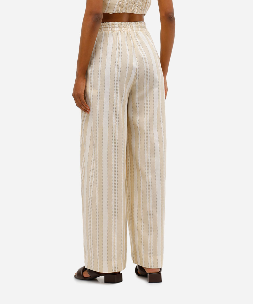 calça pantalona feminina com linho listrada off white
