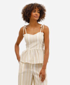 bata feminina com linho e amarração listrada off white