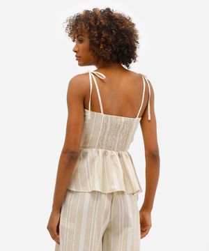bata feminina com linho e amarração listrada off white