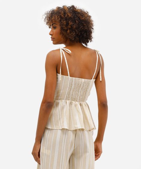 bata feminina com linho e amarração listrada off white