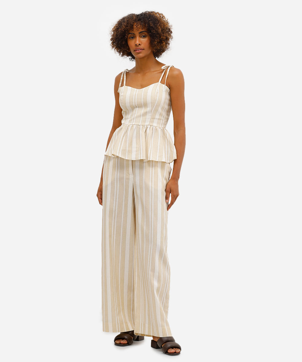 bata feminina com linho e amarração listrada off white