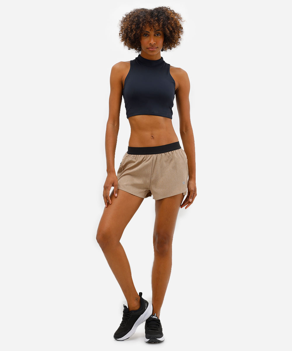 short running feminino esportivo cós elástico bege