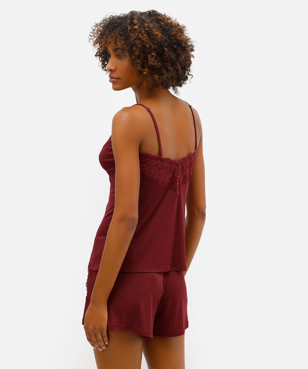 pijama short doll feminino de poliamida com renda vinho