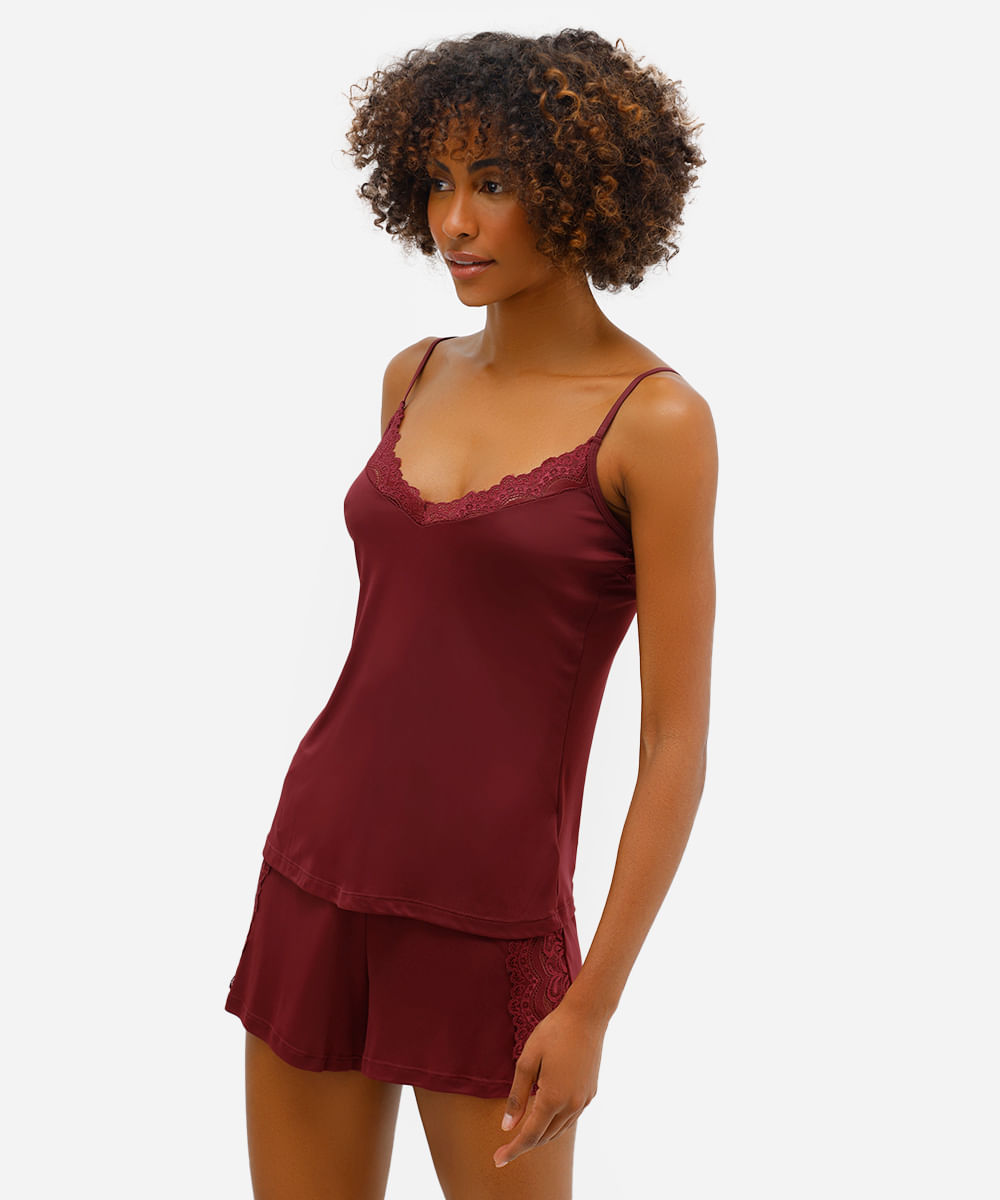pijama short doll feminino de poliamida com renda vinho