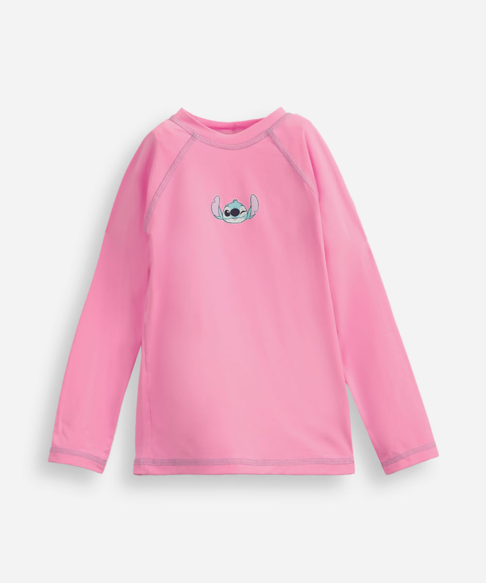 camiseta infantil manga longa proteção uv stitch rosa