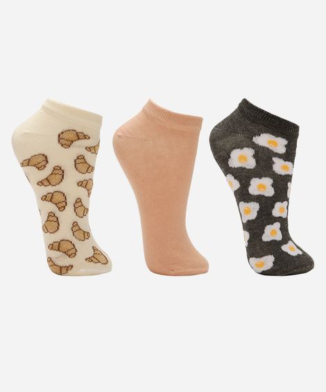 kit de 3 meias femininas cano baixo estampada colorida
