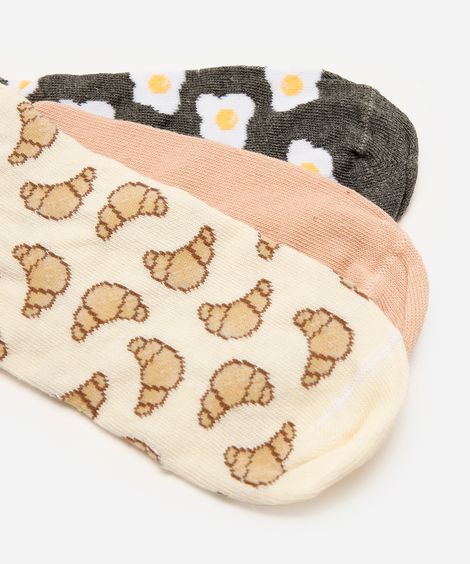 kit de 3 meias femininas cano baixo estampada colorida