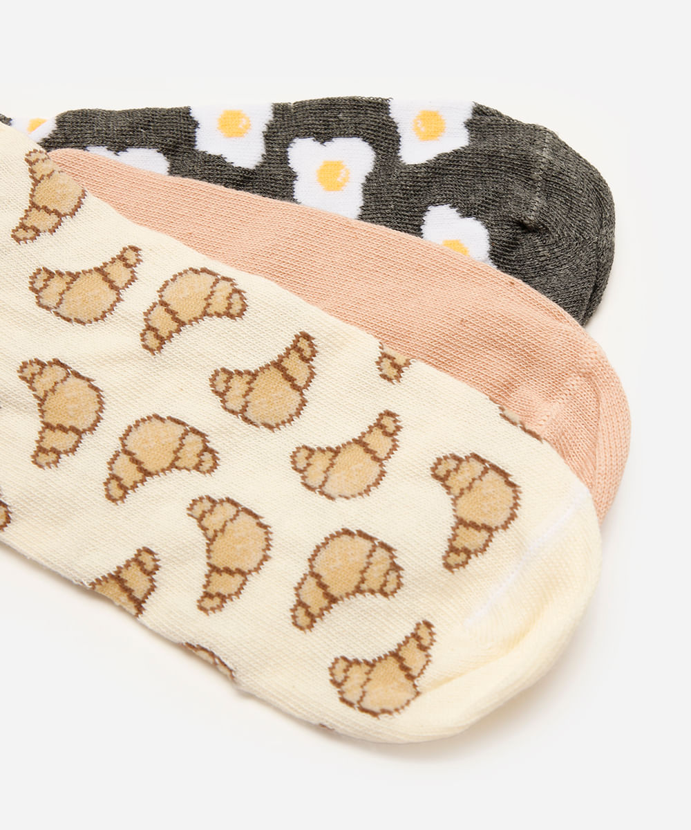 kit de 3 meias femininas cano baixo estampada colorida