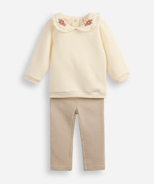 conjunto longo infantil gola peter pan floral off white