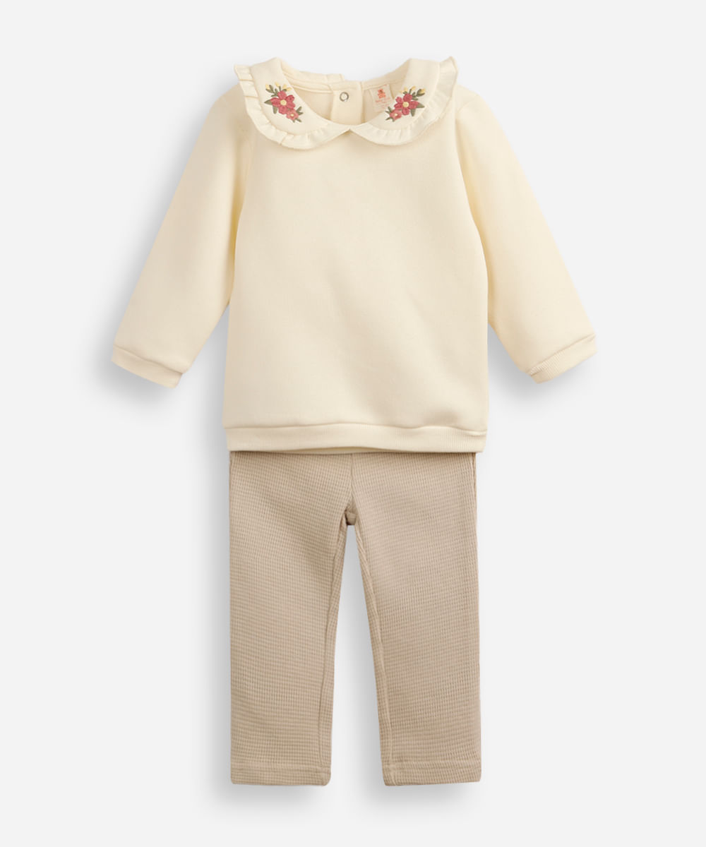 conjunto longo infantil gola peter pan floral off white