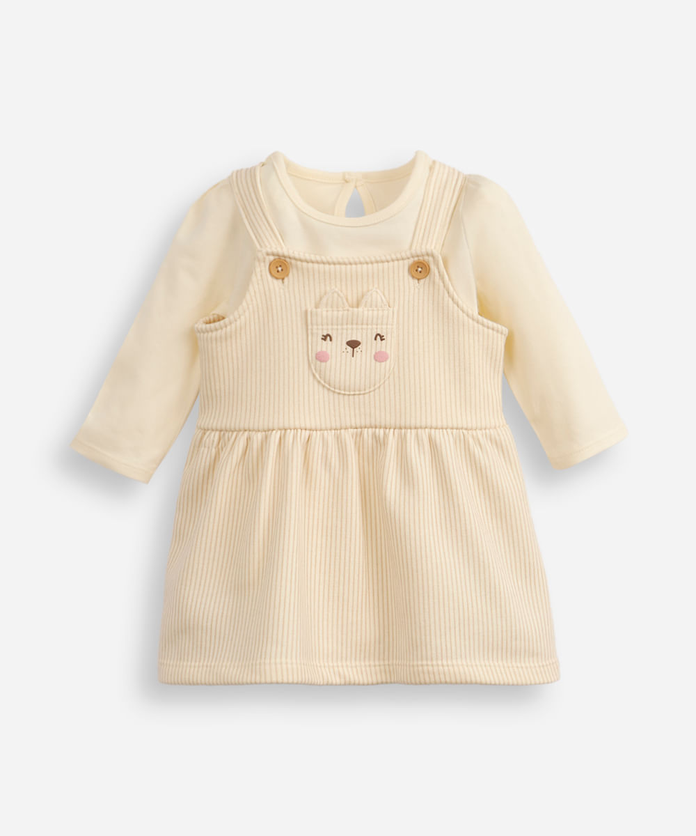 salopete de algodão infantil com body gatinha bege