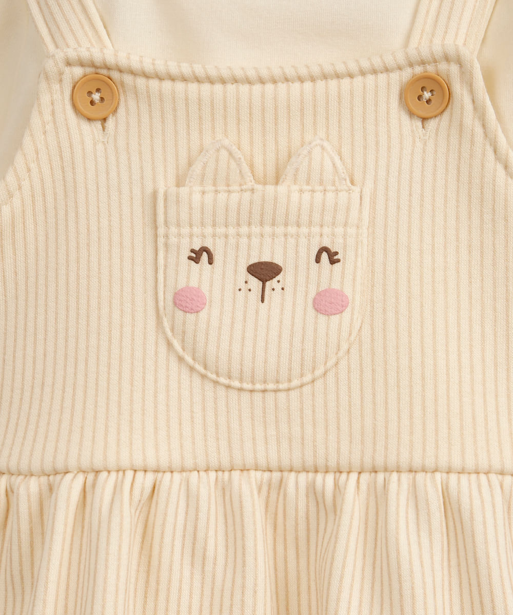 salopete de algodão infantil com body gatinha bege