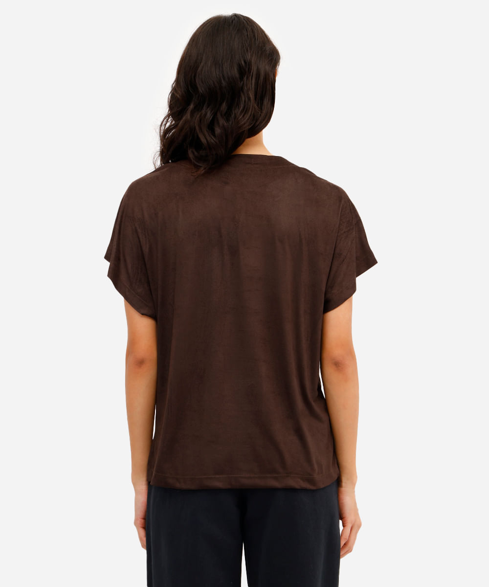 blusa feminina de suede com recorte marrom