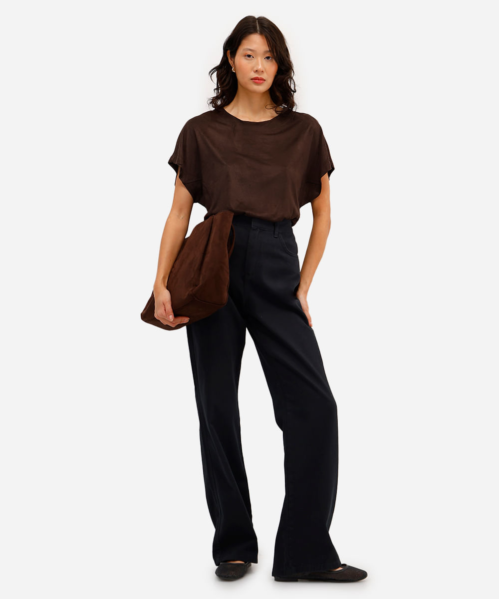 blusa feminina de suede com recorte marrom