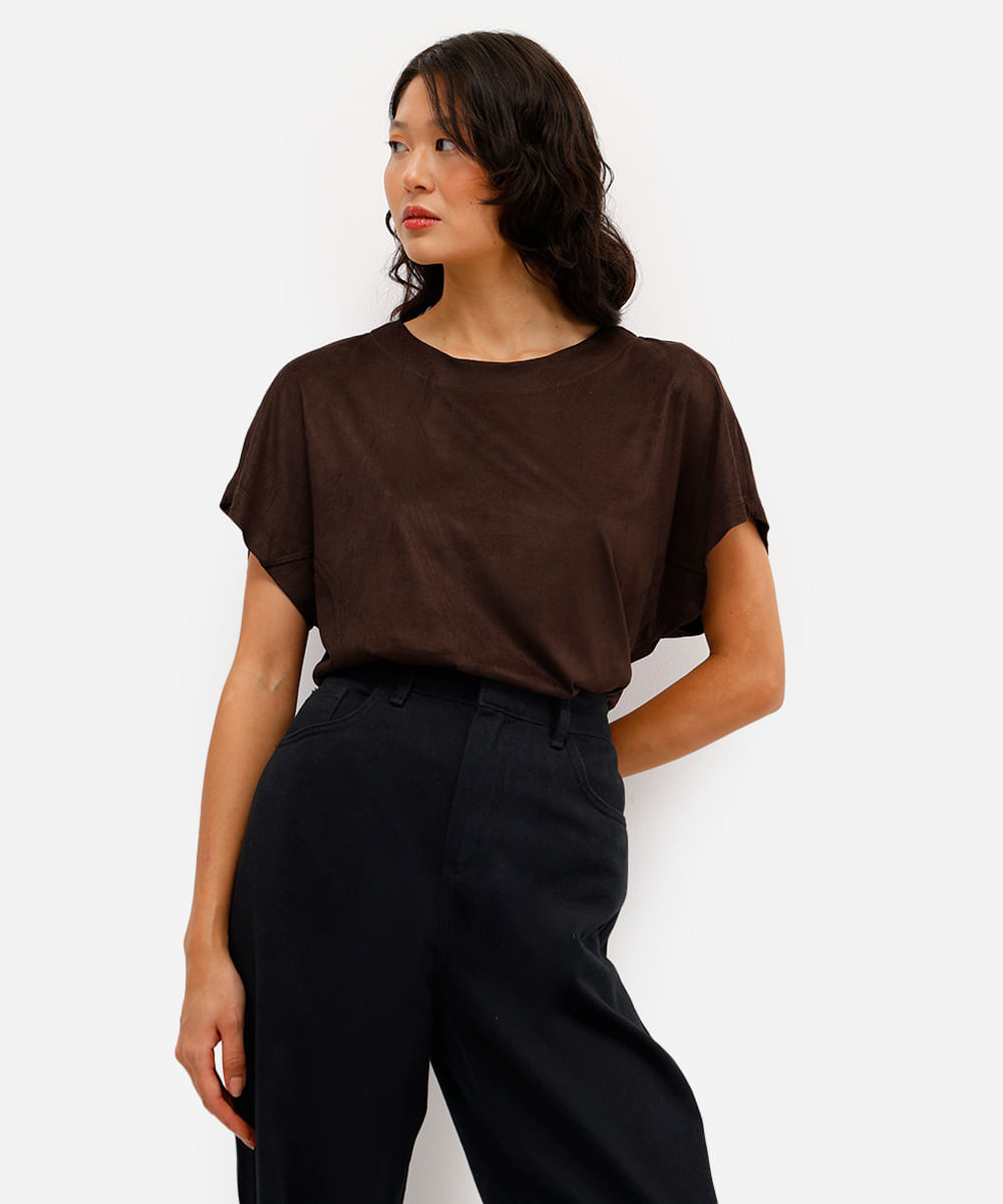 blusa feminina de suede com recorte marrom
