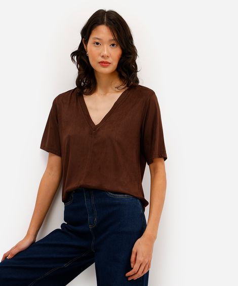 blusa feminina de suede decote v marrom