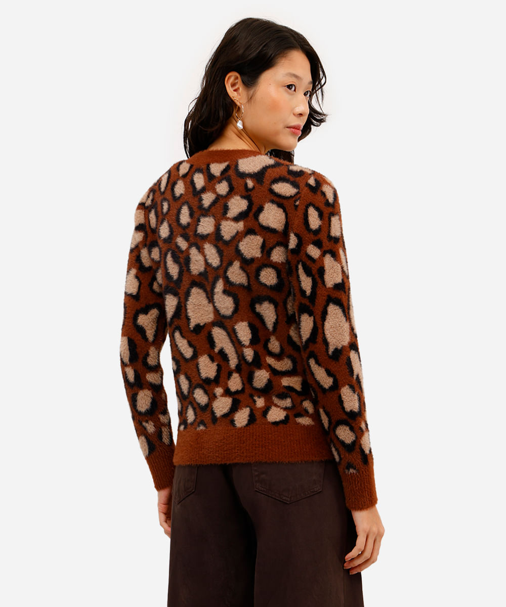 cardigan feminino de tricot animal print texturizado marrom
