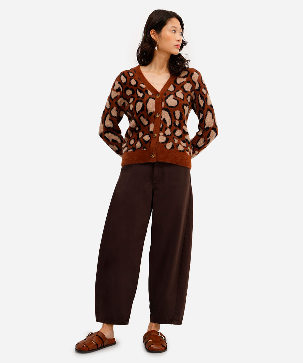 cardigan feminino de tricot animal print texturizado marrom