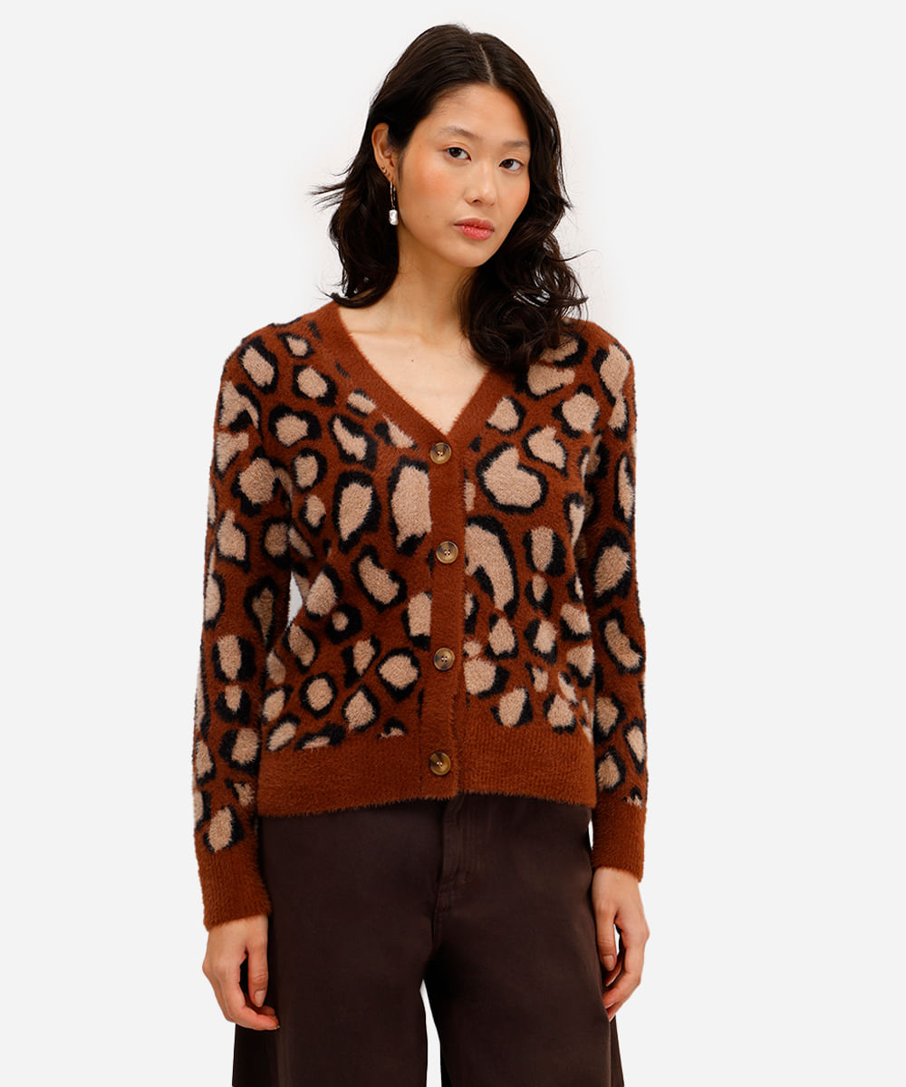 cardigan feminino de tricot animal print texturizado marrom