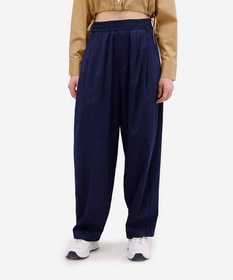calça barrel feminina com pregas cós elástico azul