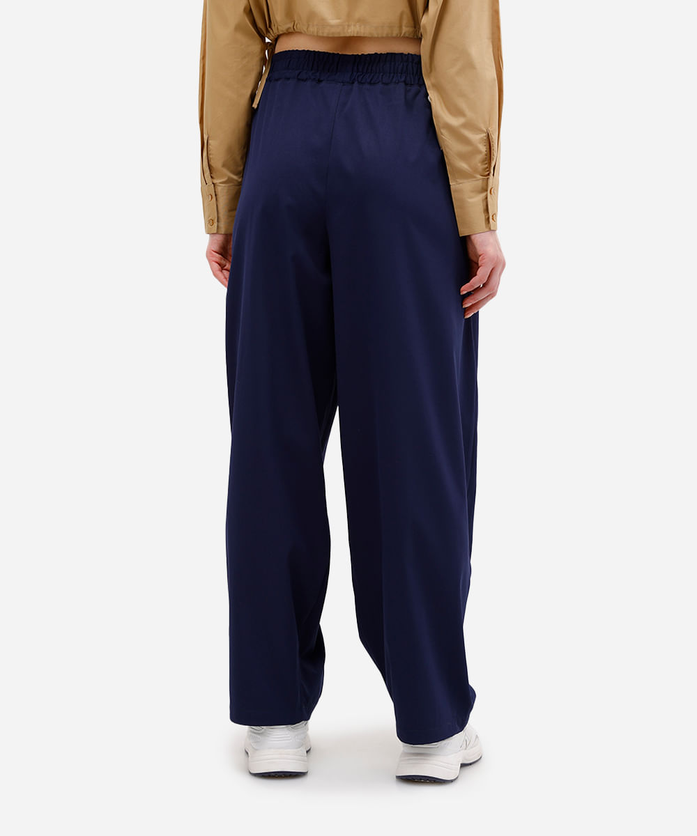 calça barrel feminina com pregas cós elástico azul