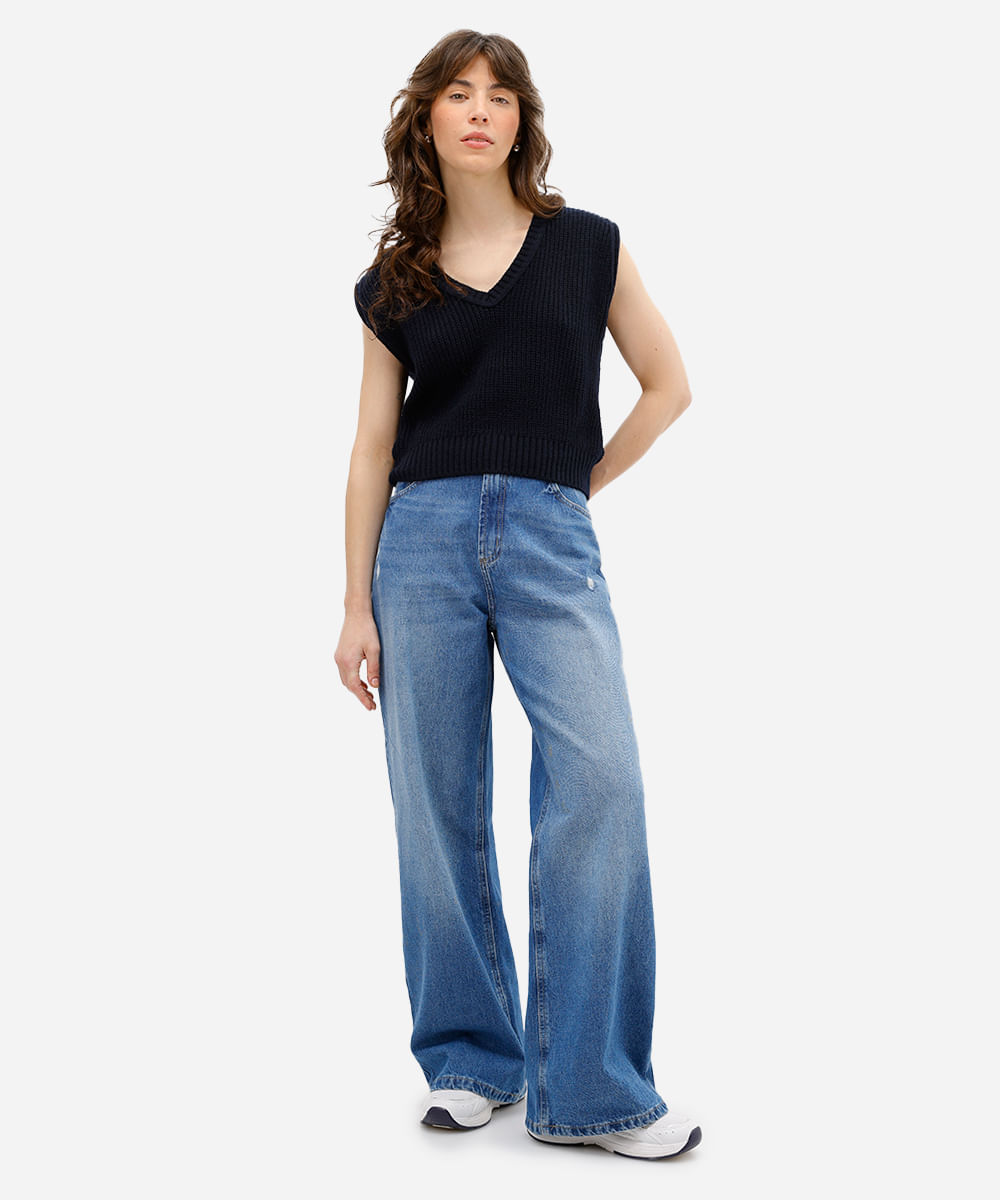 calça boyfriend feminina jeans cintura média azul