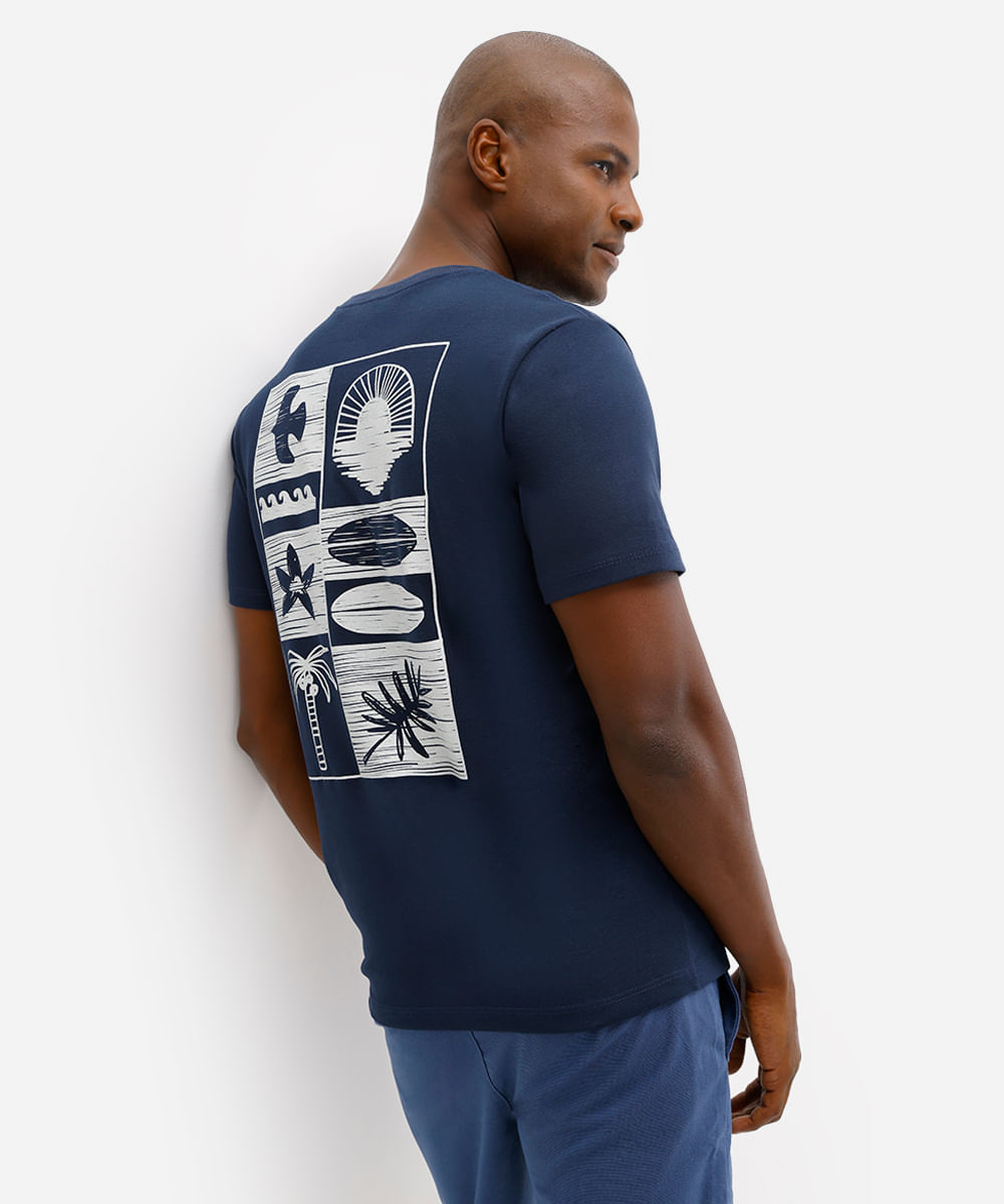 camiseta masculina manga curta estampada azul