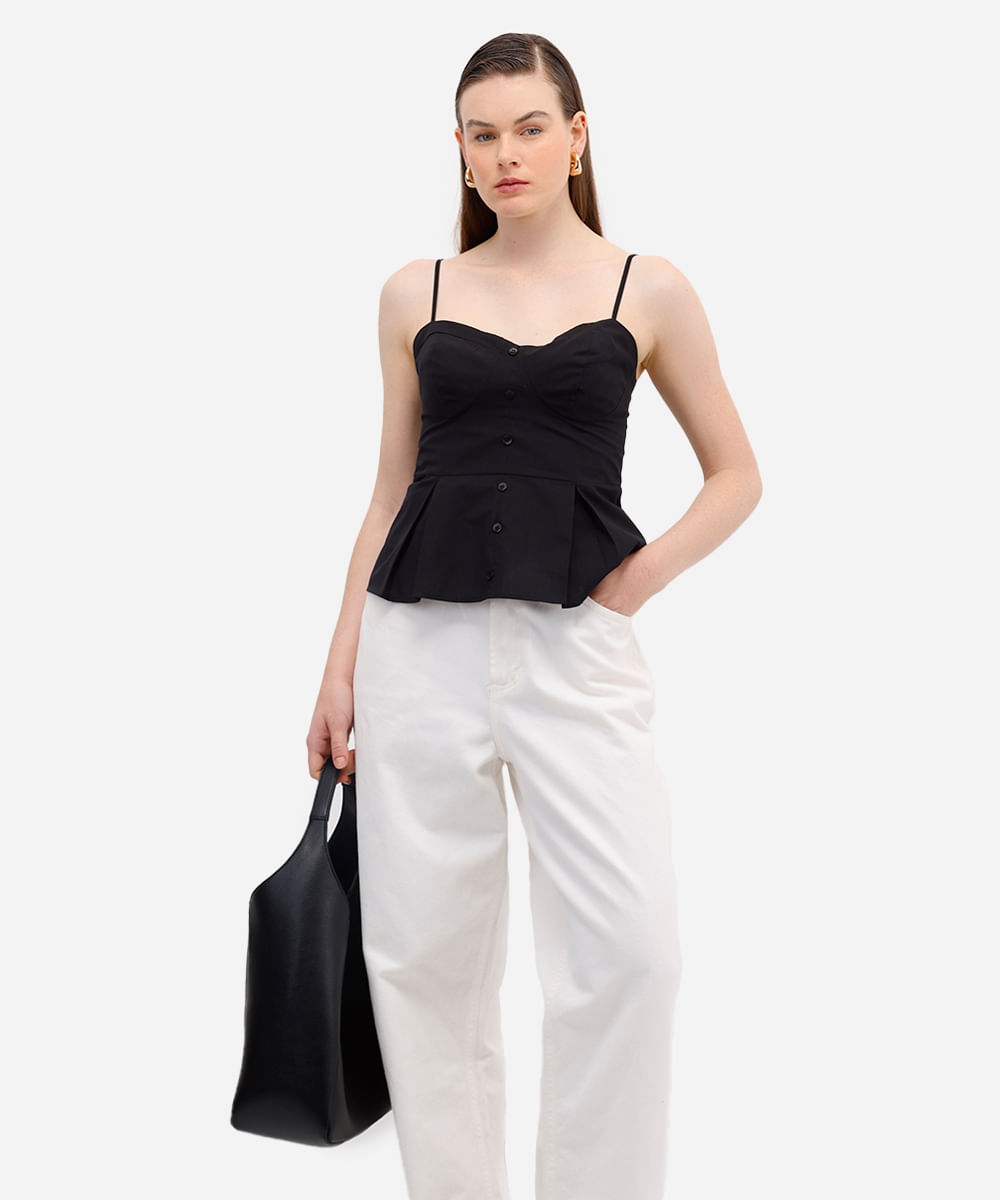 regata peplum feminina de algodão com pregas preta