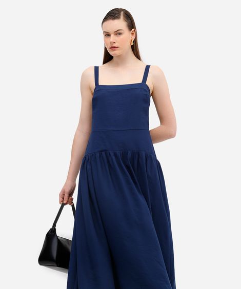vestido midi feminino de viscose decote quadrado azul