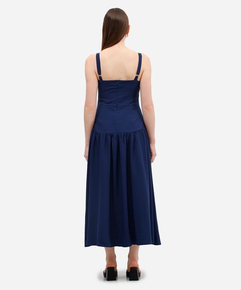 vestido midi feminino de viscose decote quadrado azul