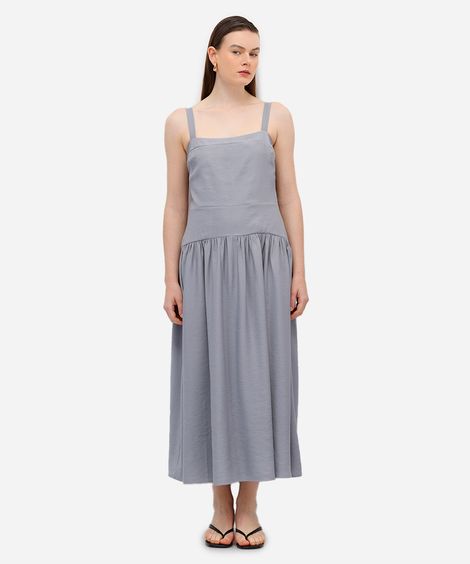 vestido midi feminino de viscose decote quadrado cinza