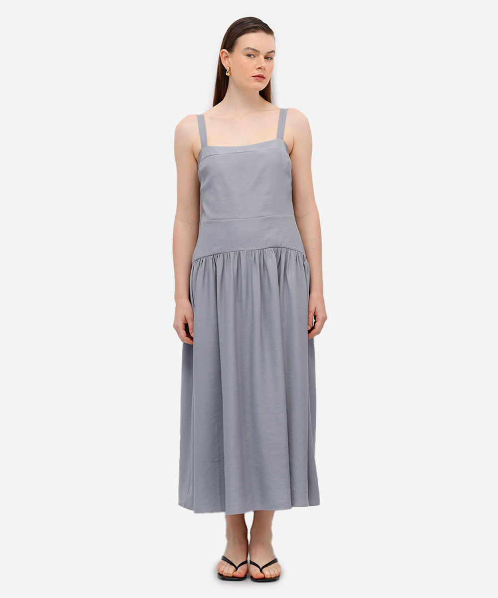 vestido midi feminino de viscose decote quadrado cinza